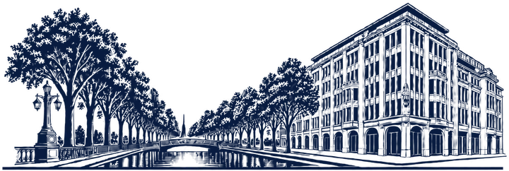 Zeichnung der Königsallee mit Kastanienallee, Kö-Graben und Eckgebäude